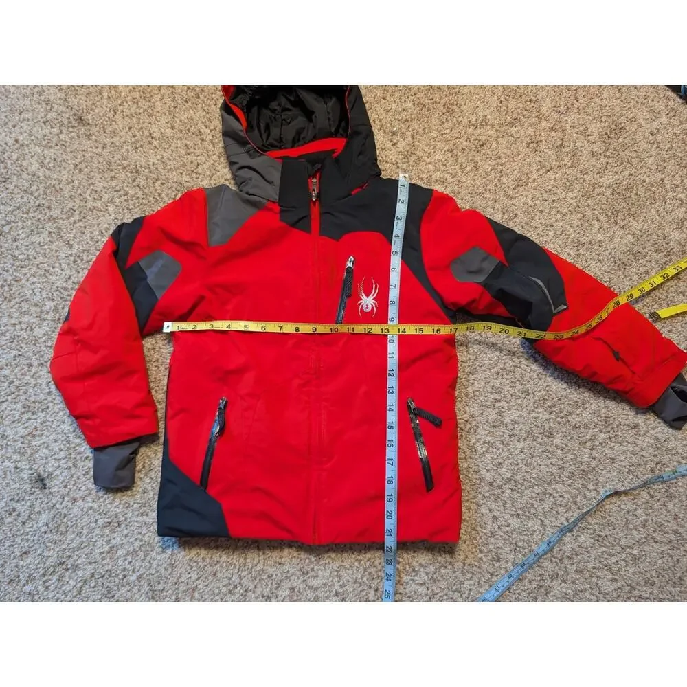 Spyder Boys Red Grey Hooded Ski Jacket Coat Winter Warm Size Kids 10